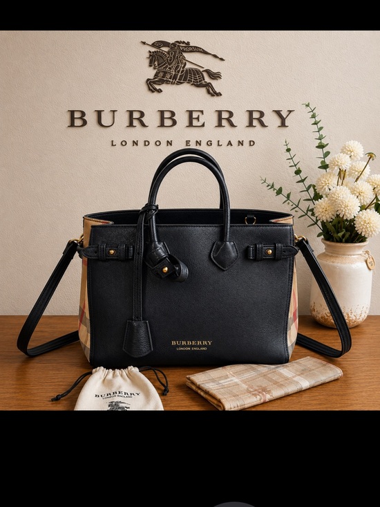 Burberry Handbags - Burberry Black Leather Top-Handle Tote with Vintage Check Panels